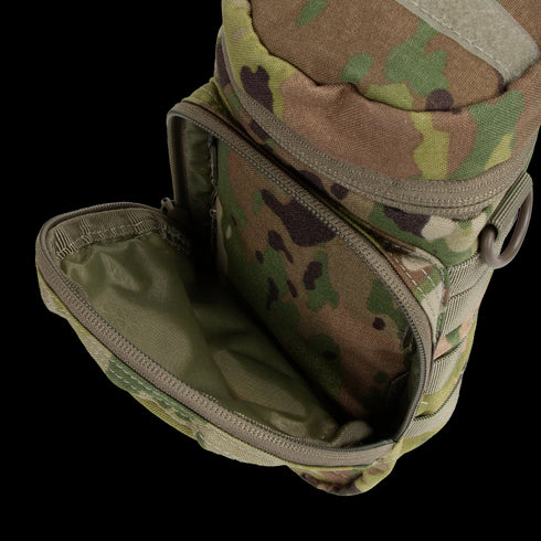 The Condor H2O Pouch - Scorpion OCP is shown open, displaying its empty main compartment and an internal mesh pocket, all in a camouflage-patterned design.